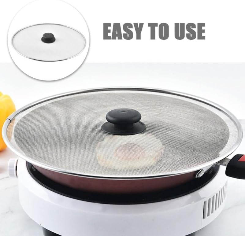 Hemobllo Grease Splatter Guard Stainless Steel Fine Mesh Splatter Screen Lid with Insulated Handle for Oil Splash Protection & Easy Cleanup, for Frying Pan, Stovetop, Home & Restaurant