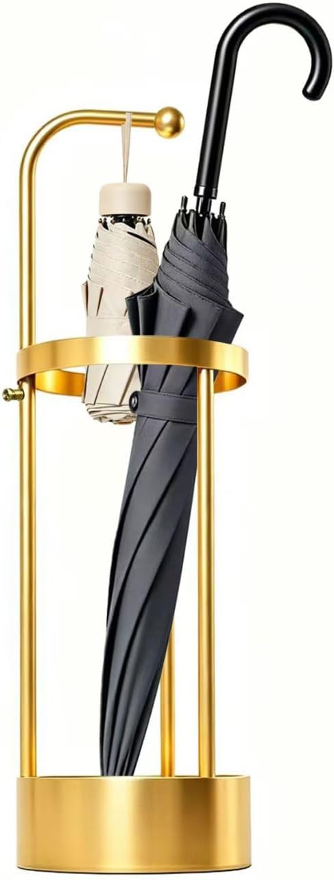 Stainless Steel Umbrella Stand, Gold Freestanding Umbrella Holder with Drip Tray & Hook, Entryway Rain Umbrella Storage Rack for Home Lobby Hotel Decor