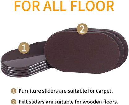 Ezprotekt Large Furniture Sliders for Carpet and Hardwood Floors, 8 Pack 9-1/2" x 5-3/4" Reusable Oval Heavy Duty Furniture Moving Pads, 4 Pcs Hard Floor Felt Sliders+4 Pcs Carpet Sliders (Beige)