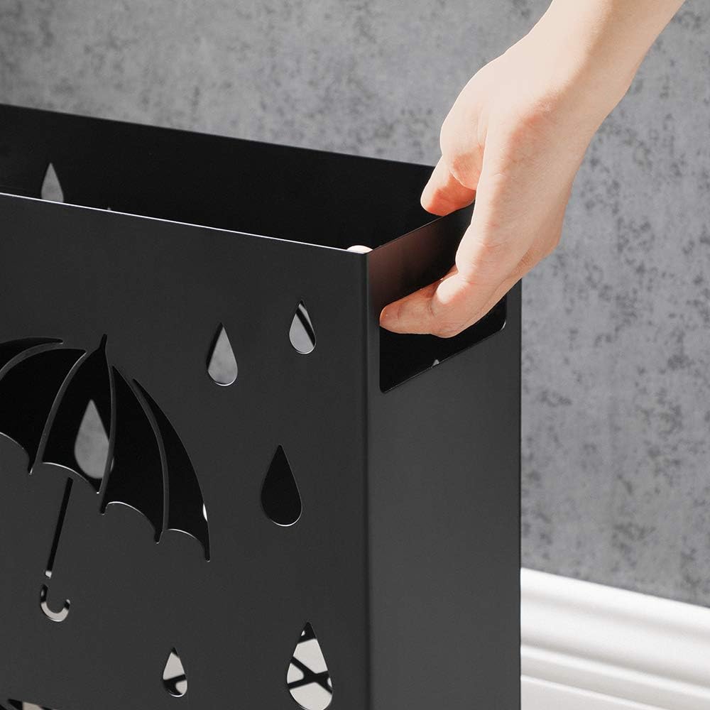 SONGMICS Metal Umbrella Stand, Rectangular, Removable Drip Tray, 4 Hooks | Umbrella Holder Rack, Cutout Design, for Entryway, Office, Matte Black, PATSY Collection ULUC03BK