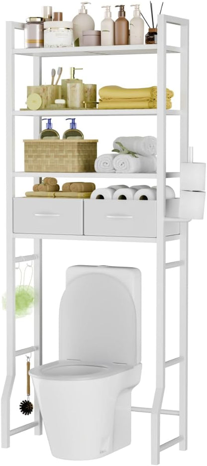 Simple Trending Over The Toilet Storage Cabinet, Metal Bathroom Shelf Organizer with Paper Holder and Hooks, 3 Tier, Black