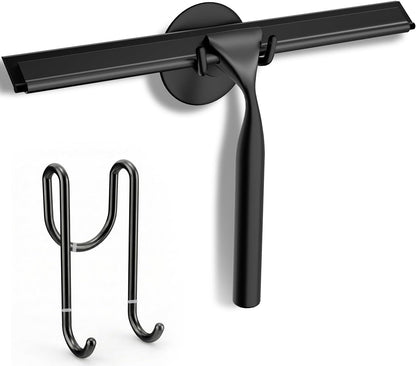 FARMER 10-Inch Shower Squeegee for Glass Doors, Windows and Mirrors, Black | Suction Wall Hook, Over-Door Hook, Non-Scratch Blade with Quiet Glide for Multi-Surface Cleaning on Glass, Tile and Mirrors
