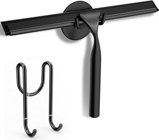 FARMER 10-Inch Shower Squeegee for Glass Doors, Windows and Mirrors, Black | Suction Wall Hook, Over-Door Hook, Non-Scratch Blade with Quiet Glide for Multi-Surface Cleaning on Glass, Tile and Mirrors