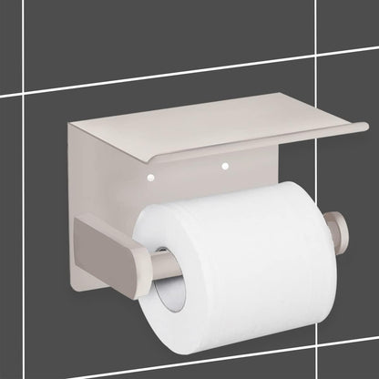 VAEHOLD Self Adhesive Toilet Paper Holder with Phone Shelf Stainless Steel Wall Mounted Toilet Paper Roll Holder - Rustproof and Bathroom Washroom Tissue Roll Holder with Shelf - Black
