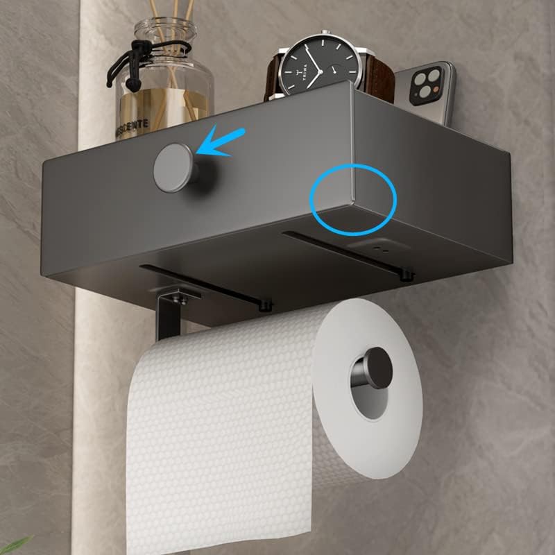 VOLDRA Toilet Paper Holder with Shelf Black Wipes Dispenser for Bathroom Toilet Paper Holder with Storage Upgrade Drawer Design Toilet Tissue Holder Adhesive Small Bathroom Shelf Wall Mount