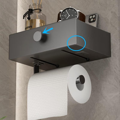 VOLDRA Toilet Paper Holder with Shelf Black Wipes Dispenser for Bathroom Toilet Paper Holder with Storage Upgrade Drawer Design Toilet Tissue Holder Adhesive Small Bathroom Shelf Wall Mount