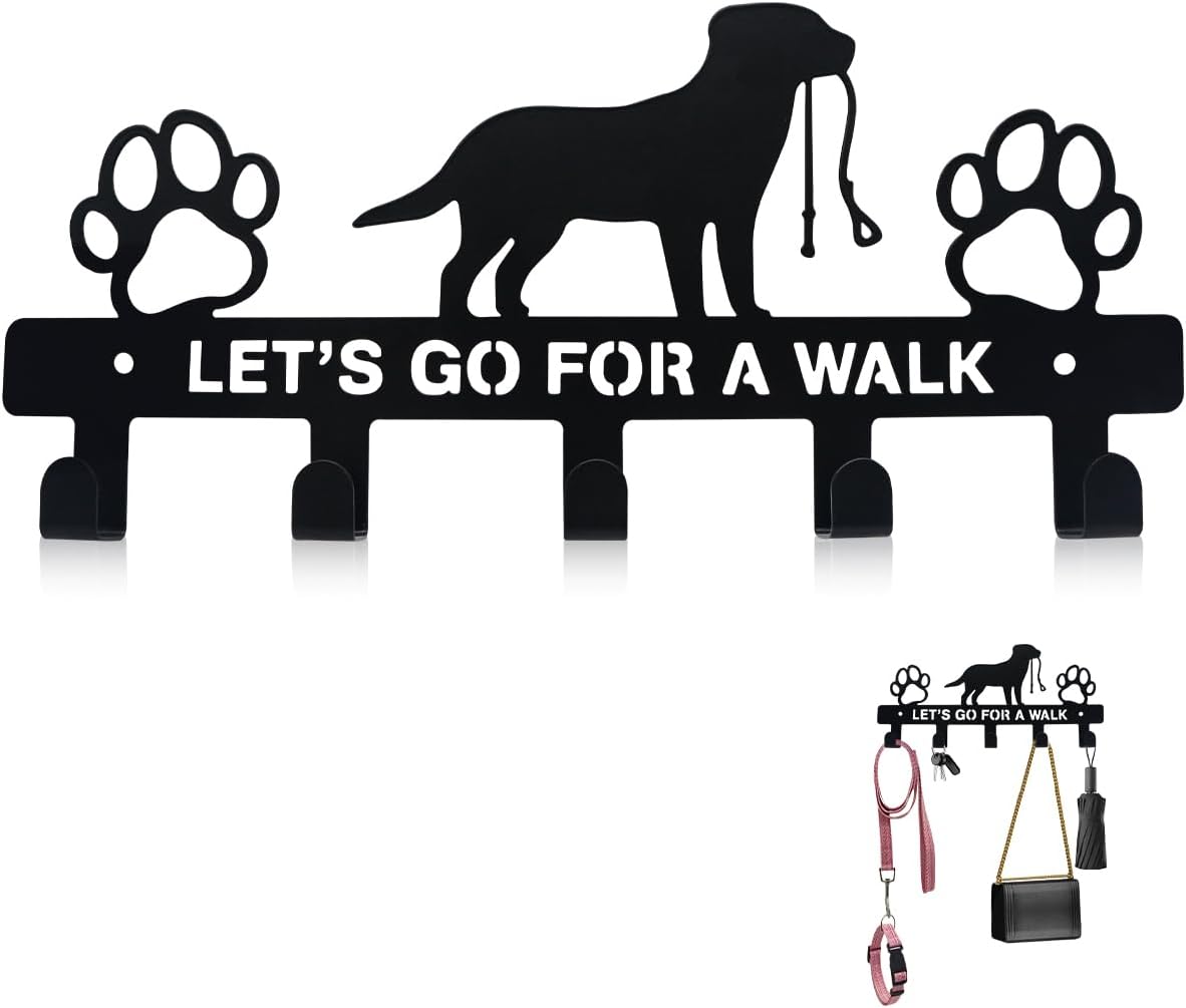 Dog Leash Holder for Wall, Key Holder Mount with 5 Metal Hooks, Pet Leash and Key Organizer, Screw Mounted Rack for Leashes Keys Collars, Entryway Garage Mudroom