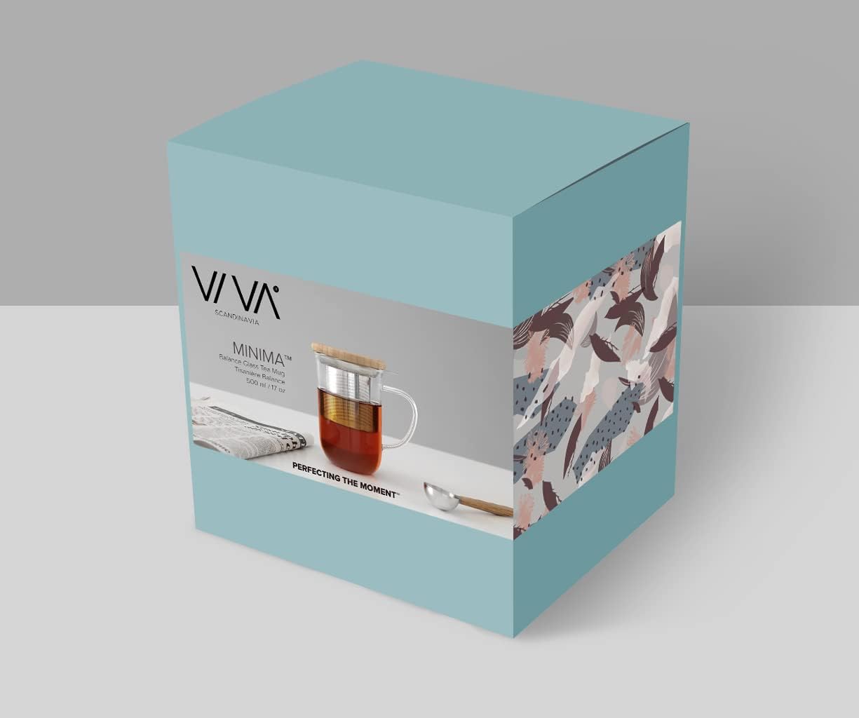 VIVA Minima Balance Glass Infuser Tea Cup - 17 oz / 500 ml Mug with Stainless Steel Infusion Mesh and Bamboo Wood Lid