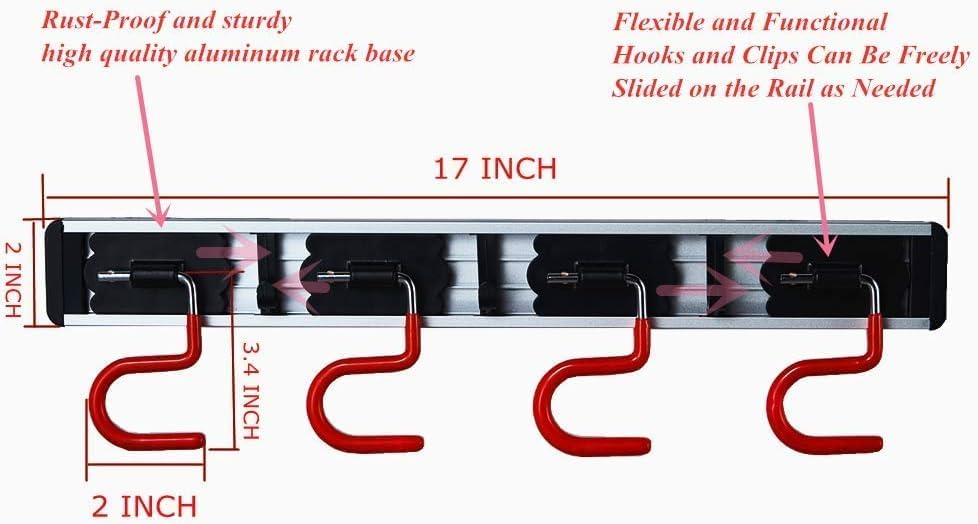 Wall Mounted Mop and Broom Holder Stainless Steel S Type Broom Rack Anti-Slip Mop Organizer (17 Inches,4 Positions 3 Hooks, Red black) (17inch)