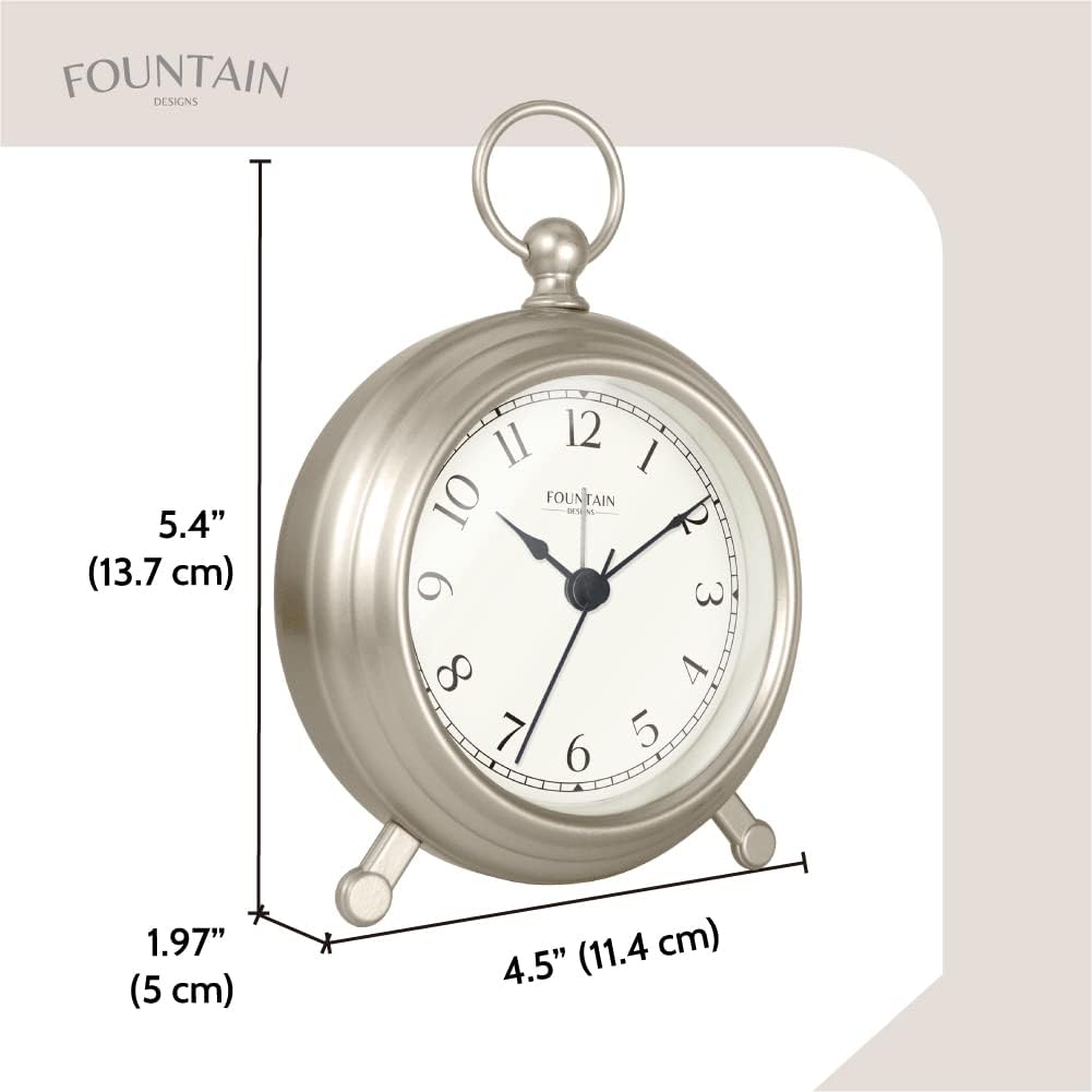 5.4" Jensen Pocket Watch Analog Alarm Clock,Morning Silver | Silent Non Ticking,Durable Metal,Loud Desk & Shelf Alarm Clocks for Bedroom,Home Office, Mantel & Living Room