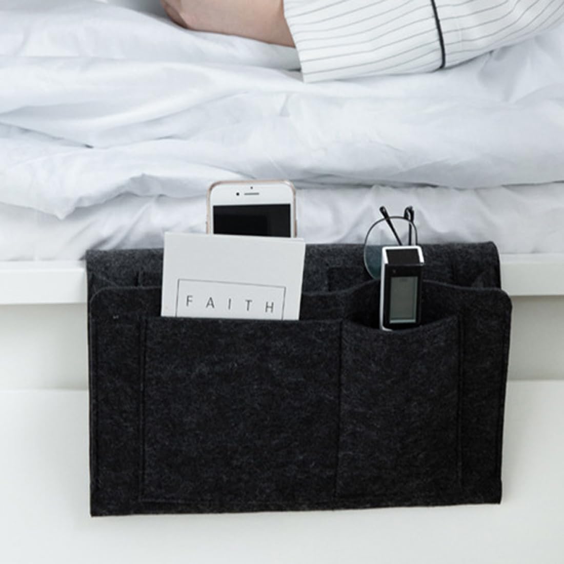 Bringsine 5 Pockets Bedside Caddy, Felt Bed Storage Organizer Hanging Bag Holder for Magazine Book Phone Tablet iPad Cables Remote and Glasses Holder Home Dorm Bed Sofa-Black