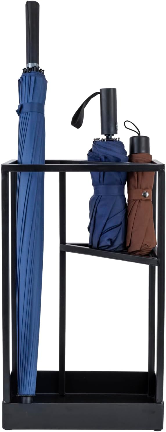MyGift 20 Inch Brass Tone Metal Umbrella Stand with Drip Tray | Freestanding Rain Gear Storage - Long Short Umbrellas Canes Walking Sticks Entryway Lobby Office Floor Standing Drip Catcher