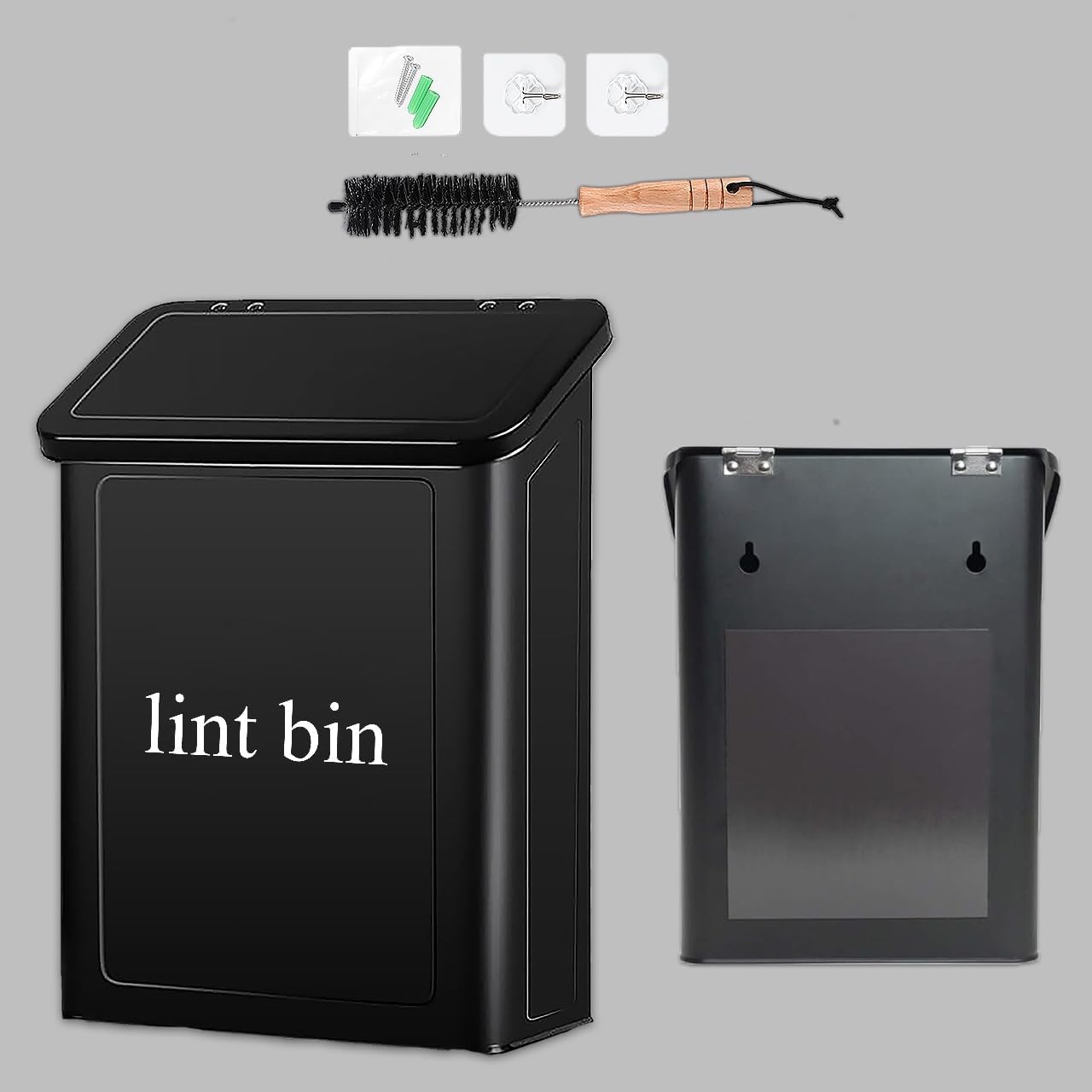 Magnetic Lint Bin with Lint Brush, two white hooks, one black back hook & all accessories for Laundry Room decor, Wall-Mounted Lint Bin with Lid, Powder Coated, Space-Saving Trash Can (Black)