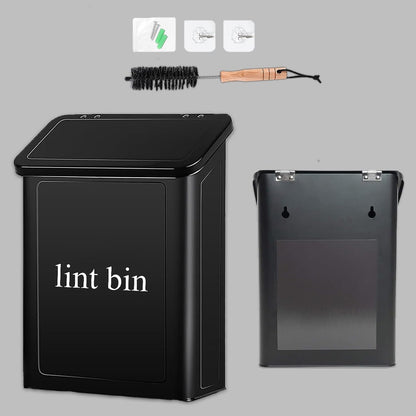 Magnetic Lint Bin with Lint Brush, two white hooks, one black back hook & all accessories for Laundry Room decor, Wall-Mounted Lint Bin with Lid, Powder Coated, Space-Saving Trash Can (Black)