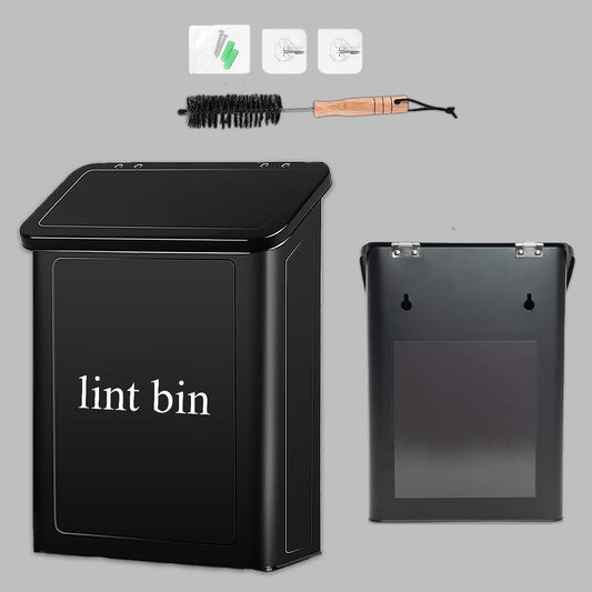 Magnetic Lint Bin with Lint Brush, two white hooks, one black back hook & all accessories for Laundry Room decor, Wall-Mounted Lint Bin with Lid, Powder Coated, Space-Saving Trash Can (Black)