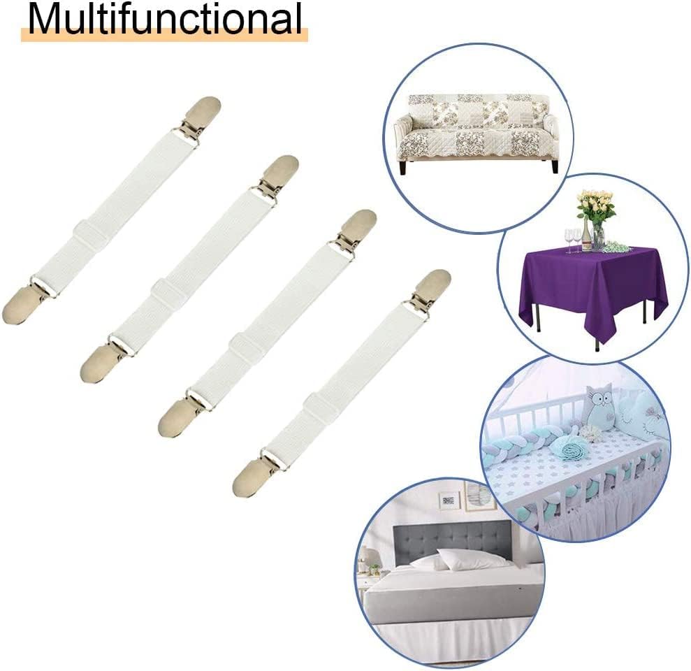 Adjustable Bed Sheet Straps Clips, Elastic Mattress Sheet Fasteners Holder and Suspenders, Grippers to Hold Sheet, Mattress, Sofa, Couch, Table Cloth, Recliner Ironing Board Cover and More