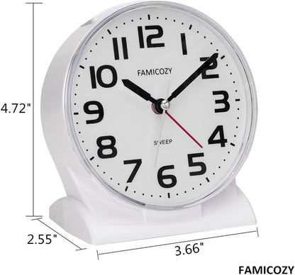 FAMICOZY 4.5" No Ticking Analog Alarm Clock,Silent Readable for Seniors,Easy to Set,Gradual Rise Alarm,Big Numbers,On/Off Switch on Side,Gentle Wake,Snooze Soft Backlight,Battery Operated,Black