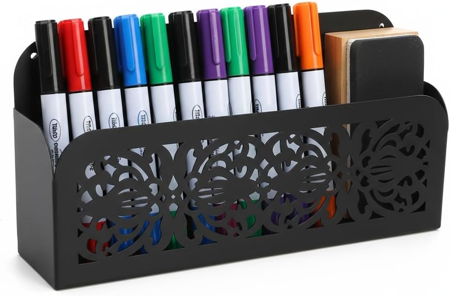 Nicunom Magnetic Dry Erase Marker Holder, Metal Strong Magnet Pen Holder for Whiteboard, Refrigerator, Locker Accessories, Magnetic Pencil Marker Organizer for Office, Classroom, Home (Black)