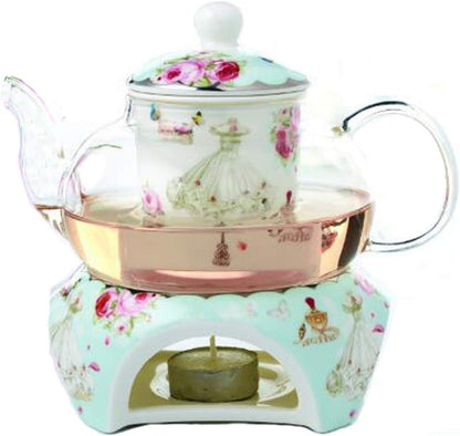 YBKTEX Glass Teapot with Ceramic Warmer- Butterflies Pattern (Pink)