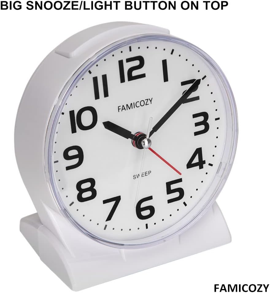FAMICOZY 4.5" No Ticking Analog Alarm Clock,Silent Readable for Seniors,Easy to Set,Gradual Rise Alarm,Big Numbers,On/Off Switch on Side,Gentle Wake,Snooze Soft Backlight,Battery Operated,Black