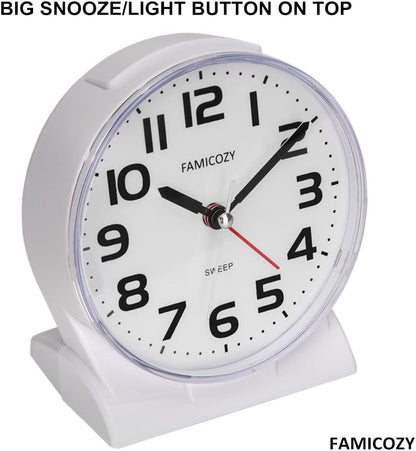 FAMICOZY 4.5" No Ticking Analog Alarm Clock,Silent Readable for Seniors,Easy to Set,Gradual Rise Alarm,Big Numbers,On/Off Switch on Side,Gentle Wake,Snooze Soft Backlight,Battery Operated,Black