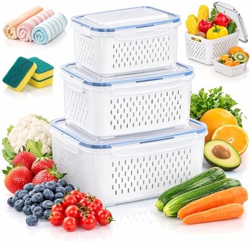 2026 Upgraded 4 in 1 Food Storage Container, Fruit Storage Containers for Fridge with Removable Colanders, Household Transparent Plastic Food Storage Box-Including Drain Basket (Blue,S+M)