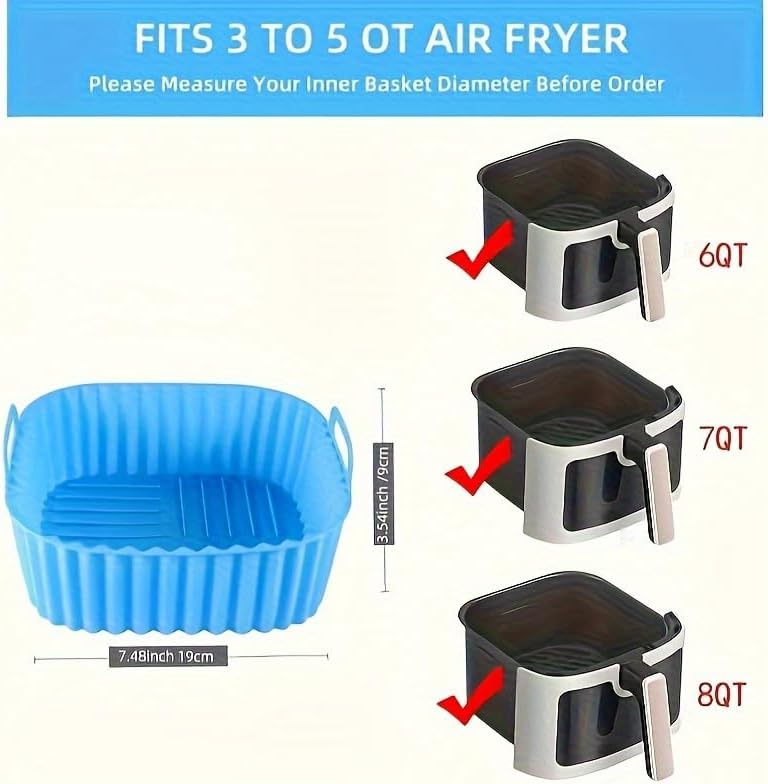Air Fryer Silicone Liners Square 2 Pack 8 Inch Airfryer Liners 4-7 QT Reusable Air Fryer Liners Pot Oven Liner Baking Tray, Basket Mat Bowl Accessories Kitchen (BPA-free)