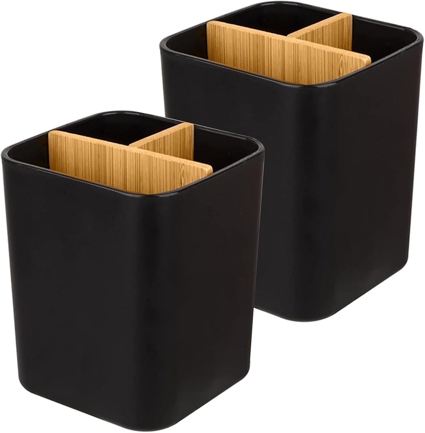 Bamboo Toothbrush Holder for Bathrooms Toothpaste Organizer - Black | Detachable Inserts, 3 Slots, Bathroom Counter Organizer, for Kids Electric Toothbrushes, Floss, Razors