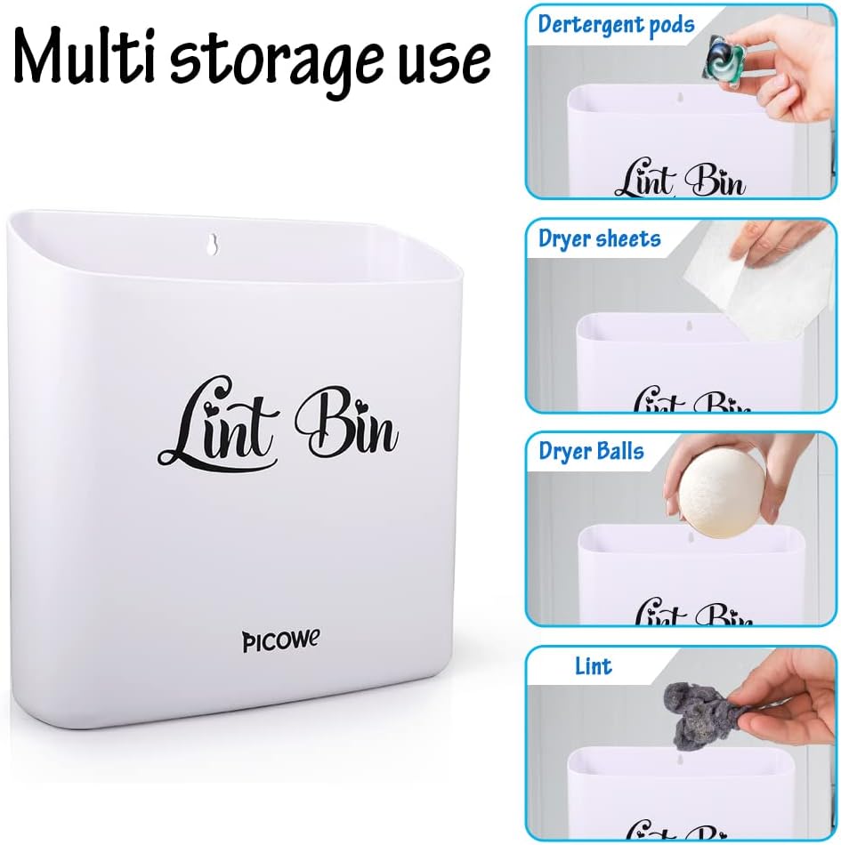 Picowe Magnetic Laundry Storage, Large Lint Holder Bin, Space-Saving Trash Container Hanging on Dryer, Washer or Wall Mount (Gray White)