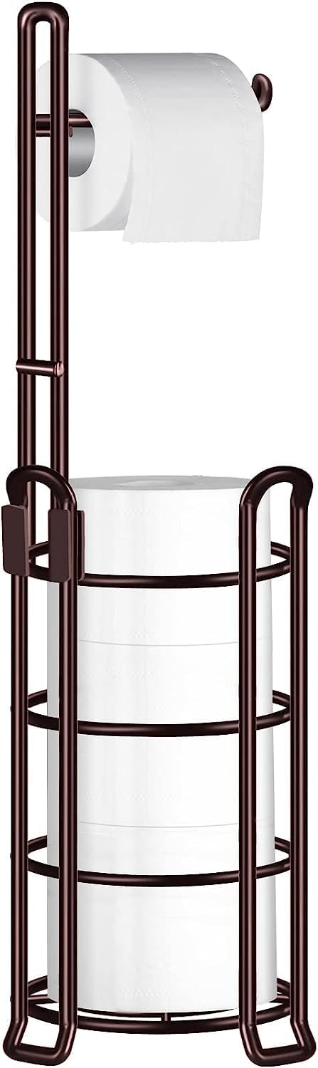 TomCare Toilet Paper Holder Free Standing with Shelf, Stable 4 Raised Feet | Stores 4 Mega Rolls, Tool-Free Assembly, Powder-Coated Metal Frame, Bathroom Storage Organizer for Spare Rolls, Silver
