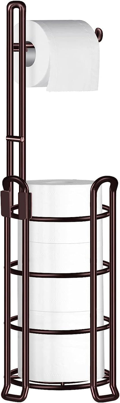 TomCare Toilet Paper Holder Free Standing with Shelf, Stable 4 Raised Feet | Stores 4 Mega Rolls, Tool-Free Assembly, Powder-Coated Metal Frame, Bathroom Storage Organizer for Spare Rolls, Silver