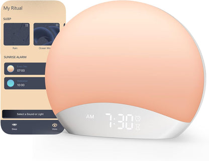 REACHER Smart Sunrise Alarm Clock with App Control and White Noise Machine | Custom wake and sleep routines, multi sunrise colors & night light, dimmable clock for bedroom, screen-free bedtime