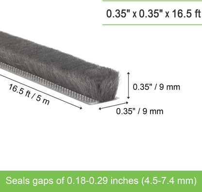 Self-Adhesive Weather Stripping Seal for Doors & Windows – Soundproof Insulation Gap Filler for Sliding, Exterior, Front, and Jamb Frames – 0.2" x 0.35" x 16.5 ft, Gray