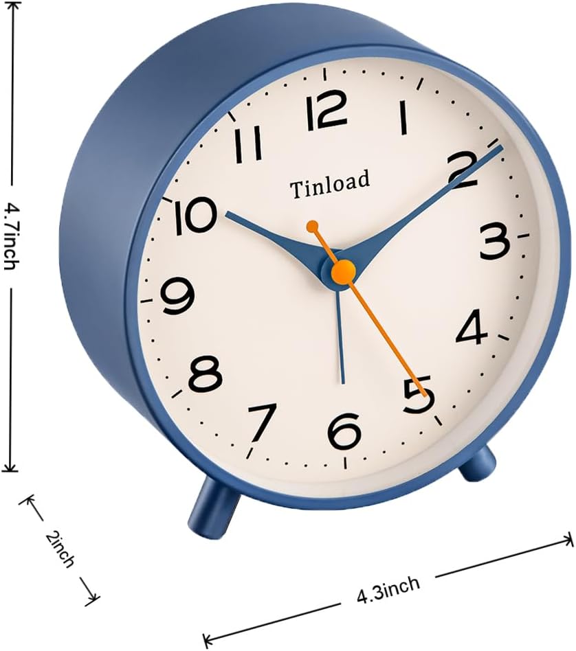 Tinload 4.5" Battery Operated Analog Alarm Clock, Small Silent Bedside Desk Clock with Night Light, Blue