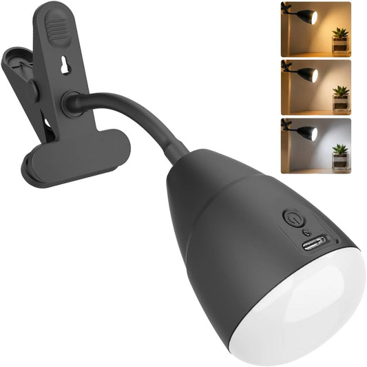 5000mAh Rechargeable Clip on Light, LED Reading Light, 3 Color Modes & Stepless Dimming, Cordless Reading Lamp with Clamp for Bed, Desk, Bedside Table, Camping