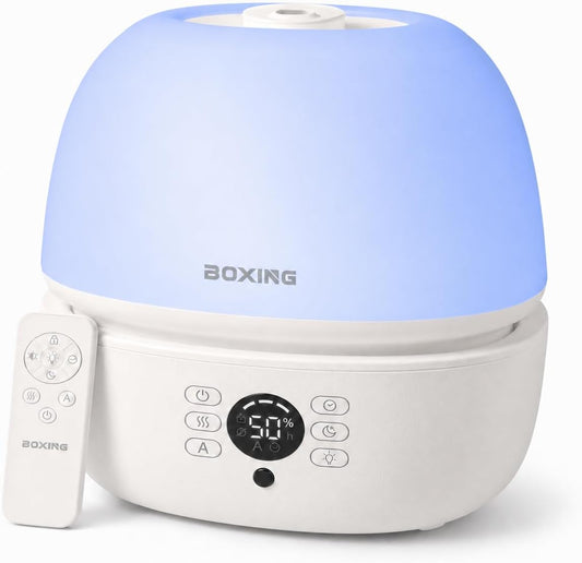 BOXING Top Fill Humidifiers for Bedroom Baby with Humidistat, 20dB Quiet Air Humidifier for Large Room & Indoor Plants with Remote, Cool Mist Diffuser for Home, 7 Color Light, Essential Oil Tray,Timer
