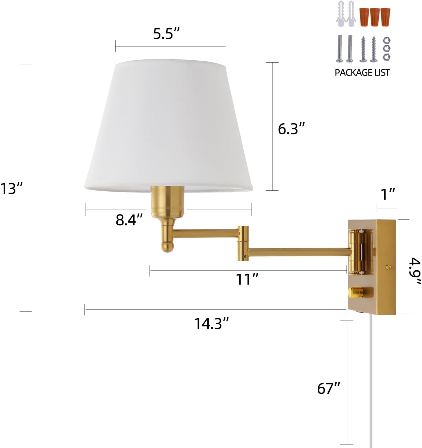 Bedside Wall Mount Light with Dimmable Switch and Outlet, Swing Arm Fabric Shade Wall Sconce Light with USB Port and Plug in Cord, Black Wall Lamp for Bedroom, Living Room and Hotel