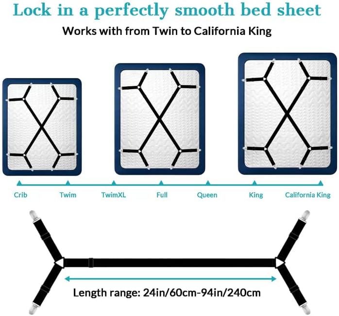 2 Pack Bed Sheet Straps Adjustable Criss - Cross Sheet Holders for Corners Heavy Duty Bed Sheet Clips Fasteners Keep Sheets in Place on Mattress Black