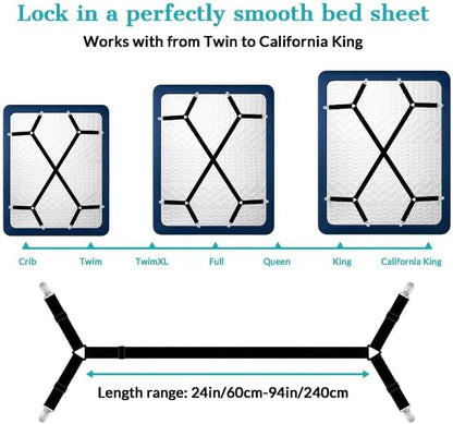 2 Pack Bed Sheet Straps Adjustable Criss - Cross Sheet Holders for Corners Heavy Duty Bed Sheet Clips Fasteners Keep Sheets in Place on Mattress Black