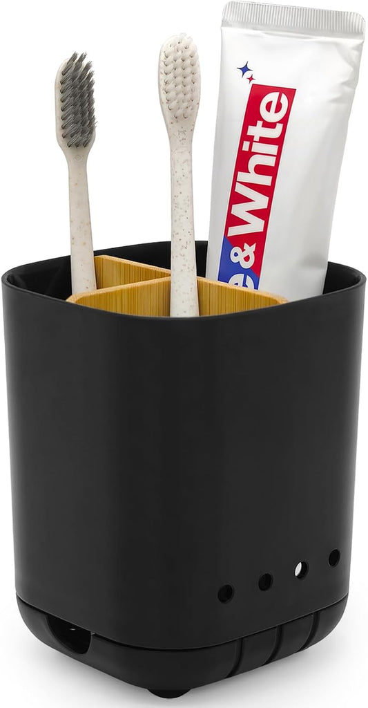 Toothbrush Holder with Bamboo Divider,Detachable for Easy Cleaning Bathroom Countertop Organizer,Plastic 3 Slots Electric Toothbrush and Toothpaste Holders Storage Caddy for Bathroom Vanity,Sink(Grey)