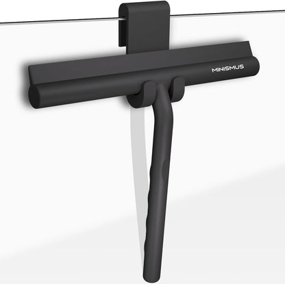 Minismus Shower Squeegee with Magnetic Hook - Silicone Window Wiper with Adhesive Wall Mounted Hanger - Shower Squeegee for Glass Doors - Rubber Squeegee - Shower Glass Cleaner (8.25 inches, Black)