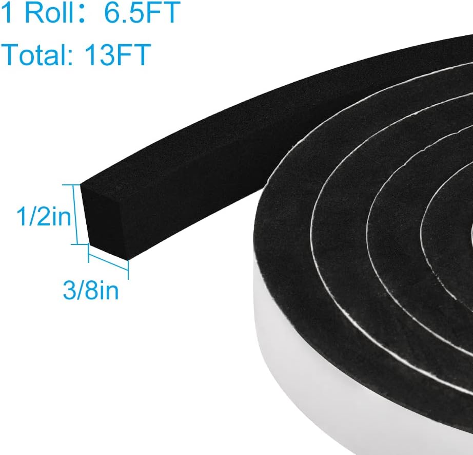 2 Rolls Foam Seal Tape for Door Window Insulation, Soundproof and Shockproof Foam Adhensive Strip, 3/8" Wx3/16 T Single Sided Foam Tape, Cold Air and Draft Closed Cell Seal Strip,Total 32FT