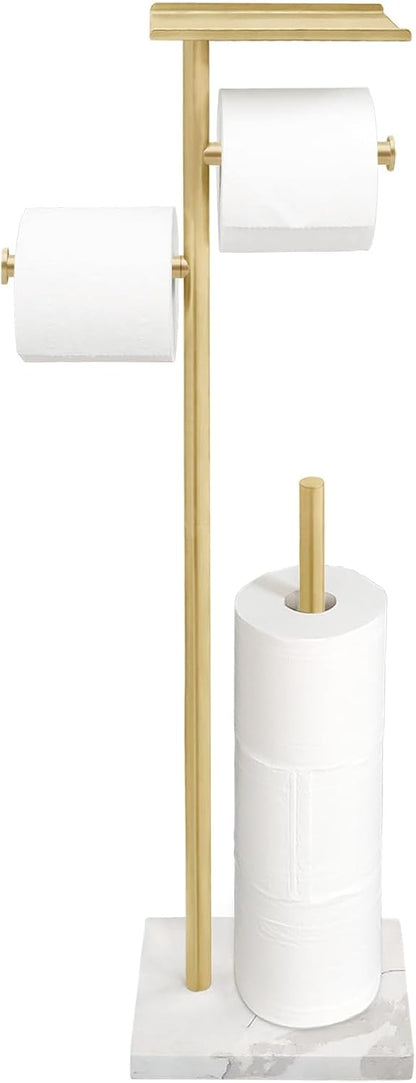 GZILA Toilet Paper Holder Stand with Shelf, Marble Base Heavy Free Standing Toilet Paper Double Roll Holders SUS304 Stainless Steel Brushed Nickel, Storages 4 Reserve Rolls Dispenser