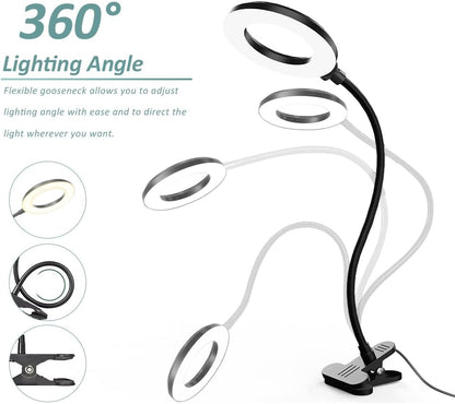 LED Desk Lamp with Clamp, 3 Color Modes, 10 Brightness | Eye-Caring Reading Light, Flexible Gooseneck, USB Powered, Dimmable, Clip On Design