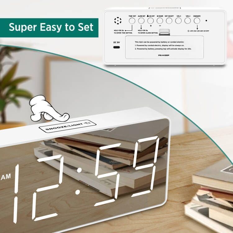 Peakeep Digital Alarm Clock for Bedroom Bedside, Large Display, USB Charger