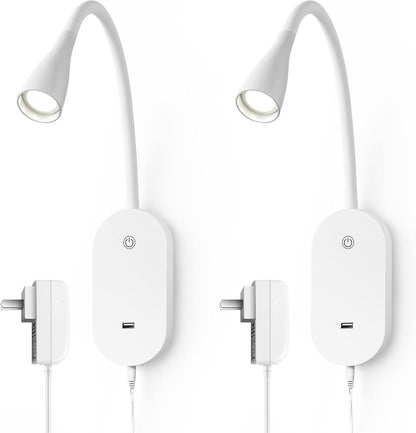 Wall Mount Reading Light, Focused Book Light for Reading in Bed, 5 Dimming, USB Output, 4 Hours Auto Off, Touch Control, Flexible Gooseneck Headboard Reading Lamp, Easy to Install White | Focused bedside light with touch dimming, flexible gooseneck, USB
