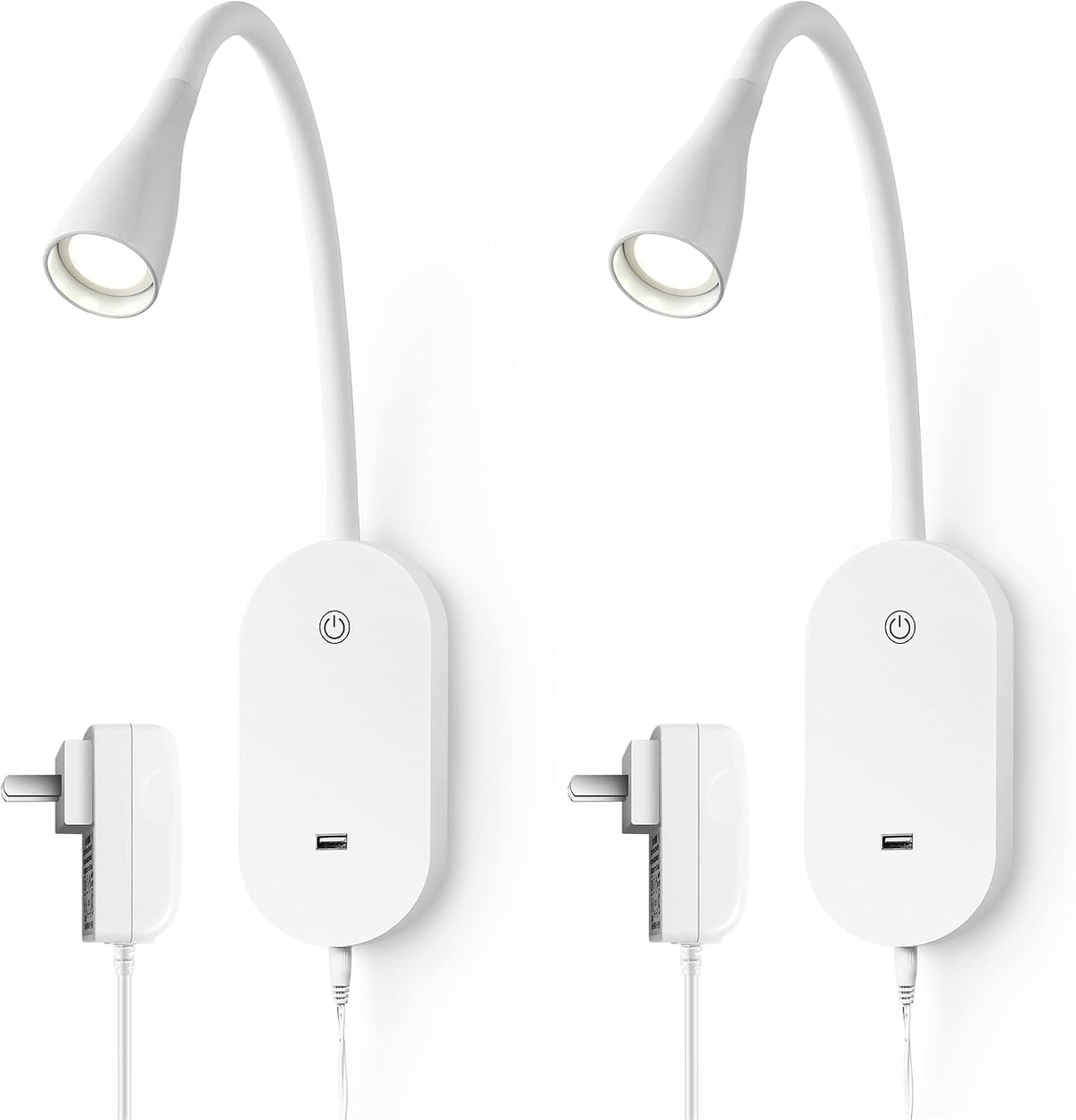 Wall Mount Reading Light, Focused Book Light for Reading in Bed, 5 Dimming, USB Output, 4 Hours Auto Off, Touch Control, Flexible Gooseneck Headboard Reading Lamp, Easy to Install White