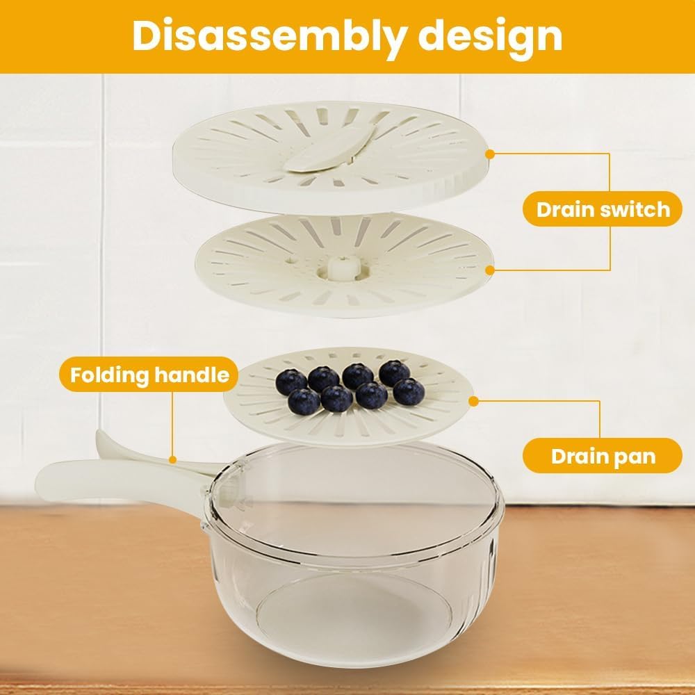 Fruit Washing Wowl with Strainer, 2026 New Multipurpose Drain Basket with Lid, 2 in 1 Fruit Drainer Container with Foldable Handle for Refrigerator Kitchen (White, 1PCS)