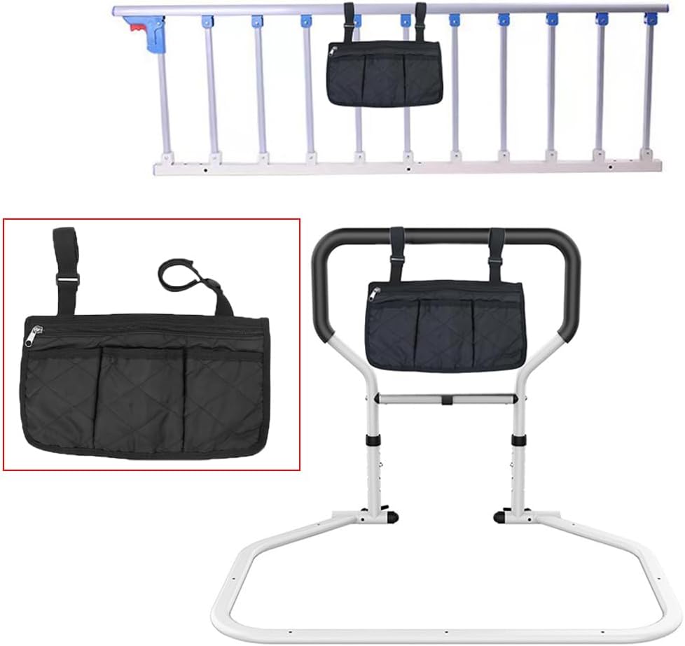 Bed Rails Bag with Cup Holder Phone Pouch 4 Pocket Storage Organizer Bag for Elderly Adults Safety Bed Assist Rail Medical Bed Support Bar Mobility Assistant Handle Bars Under Mattressbed Cane