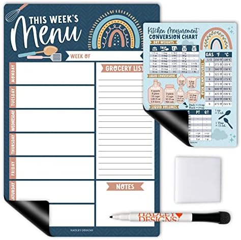 Hadley Designs Weekly Meal Planner for Fridge - Dinner Menu Board for Kitchen, Kraft Weekly Menu Board Dry Erase, Dry Erase Meal Planner for Fridge, Grocery List for Fridges with Conversion Chart